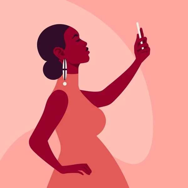 Pregnant African Woman Takes Selfie Holds Smartphone Her Hand Mother — Wektor stockowy