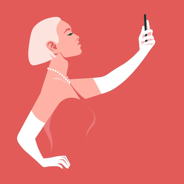 Perfil Mujer Rubia Joven Toma Una Selfie Con Smartphone Vista — Vector de stock