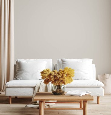 Duvar basit bir iç mekan, Scandi-Boho tarzı, 3D canlandırma