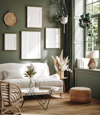 Oturma odasında kanepe, masa ve dekorla ev içi arka planda poster çerçeve modeli, 3D canlandırma