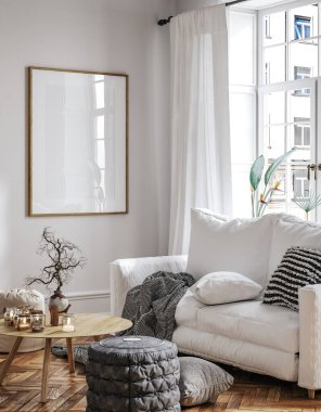 İskandinav oturma odasının iç tarafındaki çerçeve modeli, 3D