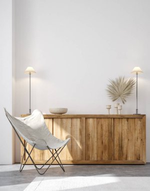 Minimalist ev iç mimarisi, orta çağ modern tarzı, 3D görüntüleme