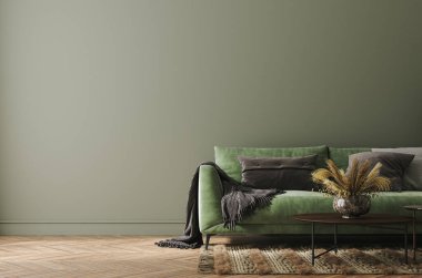 Yeşil kanepe, Masa ve oturma odasında, 3d render dekor ev iç mock-up