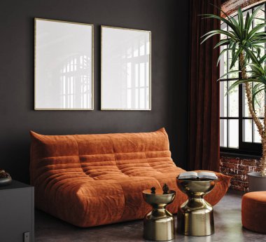 Çatı katının içindeki model poster, endüstriyel tarzda, 3 boyutlu.