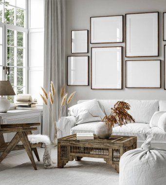 Galeri duvarı modellemesi ev içi arka planda, oturma odası Scandi Boho tarzında, 3D görüntüleme
