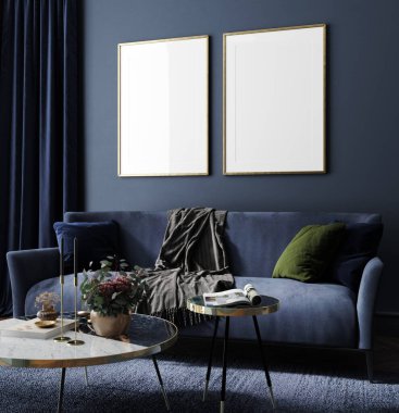 Evin içinde çerçeve modeli, lüks, modern karanlık oturma odası, 3 boyutlu.