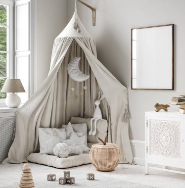 Çocuk odasında kare maketi, Scandi-Boho tarzı iç plan, 3D canlandırma