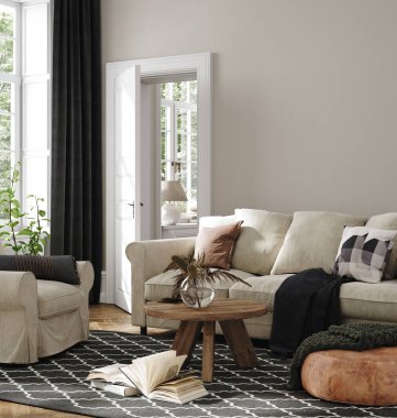 Tarafsız renklerde ev içi, kanepeli oturma odası, koltuk ve masa üzerinde kuru çiçek, 3D renkte.