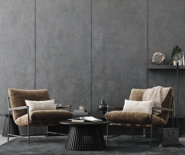 Oturma odası çatı katı, endüstriyel tarzda, 3 boyutlu.