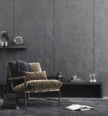 Oturma odası çatı katı, endüstriyel tarzda, 3 boyutlu.