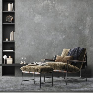 Oturma odası çatı katı, endüstriyel tarzda, 3 boyutlu.