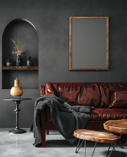 Frame mockup in dark home interior with ethnic decoration, 3d render