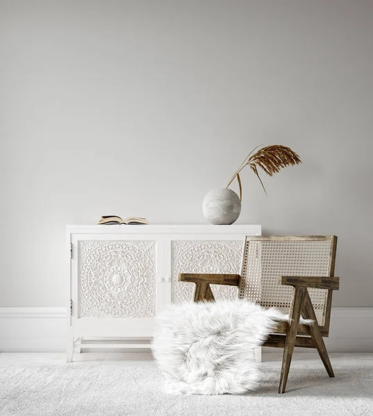 Minimalista Scandi Boho Casa Interior Mock Com Caixa Gavetas Cadeira — Fotografia de Stock