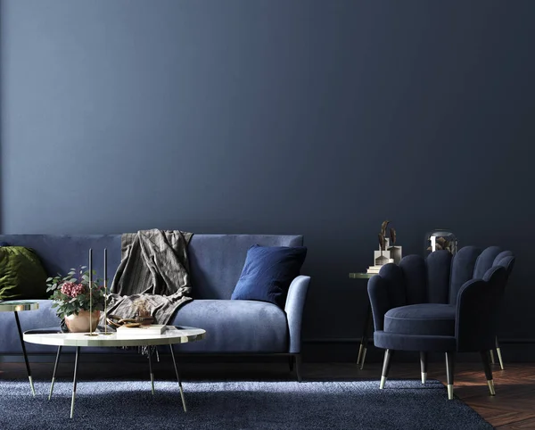 Home Interieur Luxe Moderne Donkere Woonkamer Interieur Blauwe Lege Muur — Stockfoto