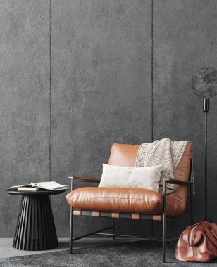 Oturma odası çatı katı, endüstriyel tarzda, 3 boyutlu.