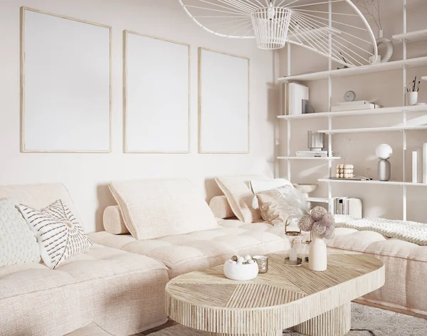 Mockup frame in interior background, room in light pastel colors, Scandi-Boho style, 3d render