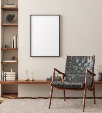 Minimalist modern iç arkaplandaki poster çerçeve modeli, 3d oluşturma