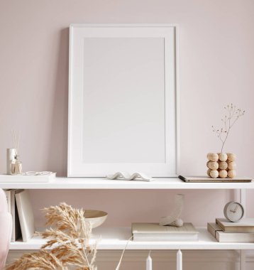 Modern kadınsı oturma odasının iç planında çerçeve modeli, 3D görüntüleme