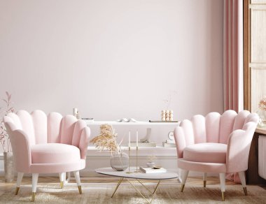 Ev modeli, modern kadınsı oturma odası iç plan, 3D çizim