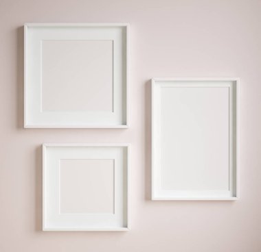 Duvara yakın maket poster çerçevesi boyalı pembe renk, 3D renkte.