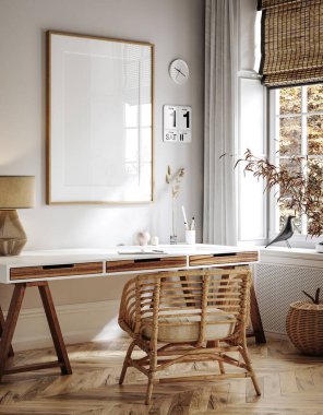 Ev maketi, iç planda rahat modern iş yeri, 3D görüntüleme