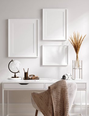 Çerçeve beyaz modern iç mekan, pampas ve dekor ile işyeri, 3D canlandırma