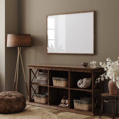 Çiftlik evinin iç kısmında poster çerçevesi modeli, 3D oluşturma