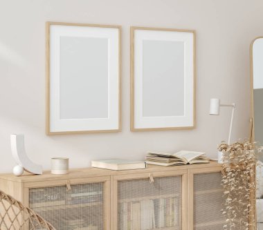 Çerçeveyi ev içi arka planda, bej odada doğal ahşap mobilyalar, Scandi-Boho tarzı, 3D görüntüleme