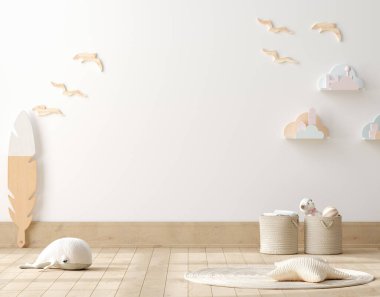 Çocuk odasının arka planında çerçeve poster modeli, 3 boyutlu canlandırma