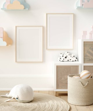 Çocuk odasının arka planında çerçeve poster modeli, 3 boyutlu canlandırma