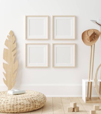 Çocuk odasının arka planında çerçeve poster modeli, 3 boyutlu canlandırma