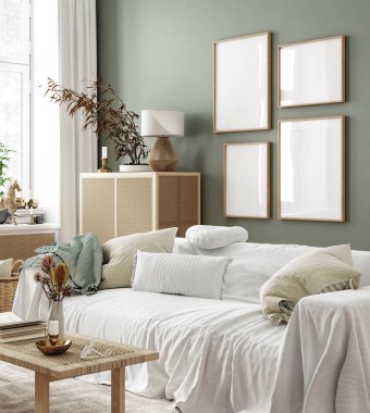 Ev içi arka planda model çerçeve, doğal pastel renklerde oda, 3d oluşturma