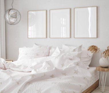 Yatak odasının iç planında model çerçeve, sahil boho tarzı, 3D görüntüleme