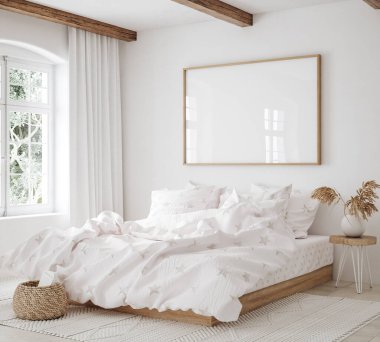 Yatak odasının iç planında model çerçeve, sahil boho tarzı, 3D görüntüleme