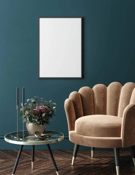 Frame Mokup Interiéru Domu Luxusní Moderní Tmavý Obývací Pokoj Vykreslení — Stock fotografie
