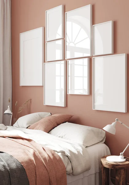 Mockup frame in simple bedroom background, 3d render
