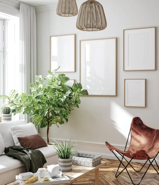 Frame Mockup Nordic Living Room Interior Background Render — Stock Photo, Image