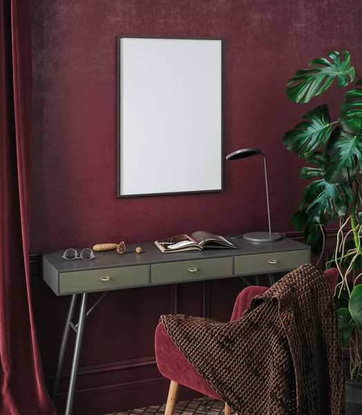 Frame Mockup Luxury Dark Red Living Room Interior Background Render — Stock Photo, Image