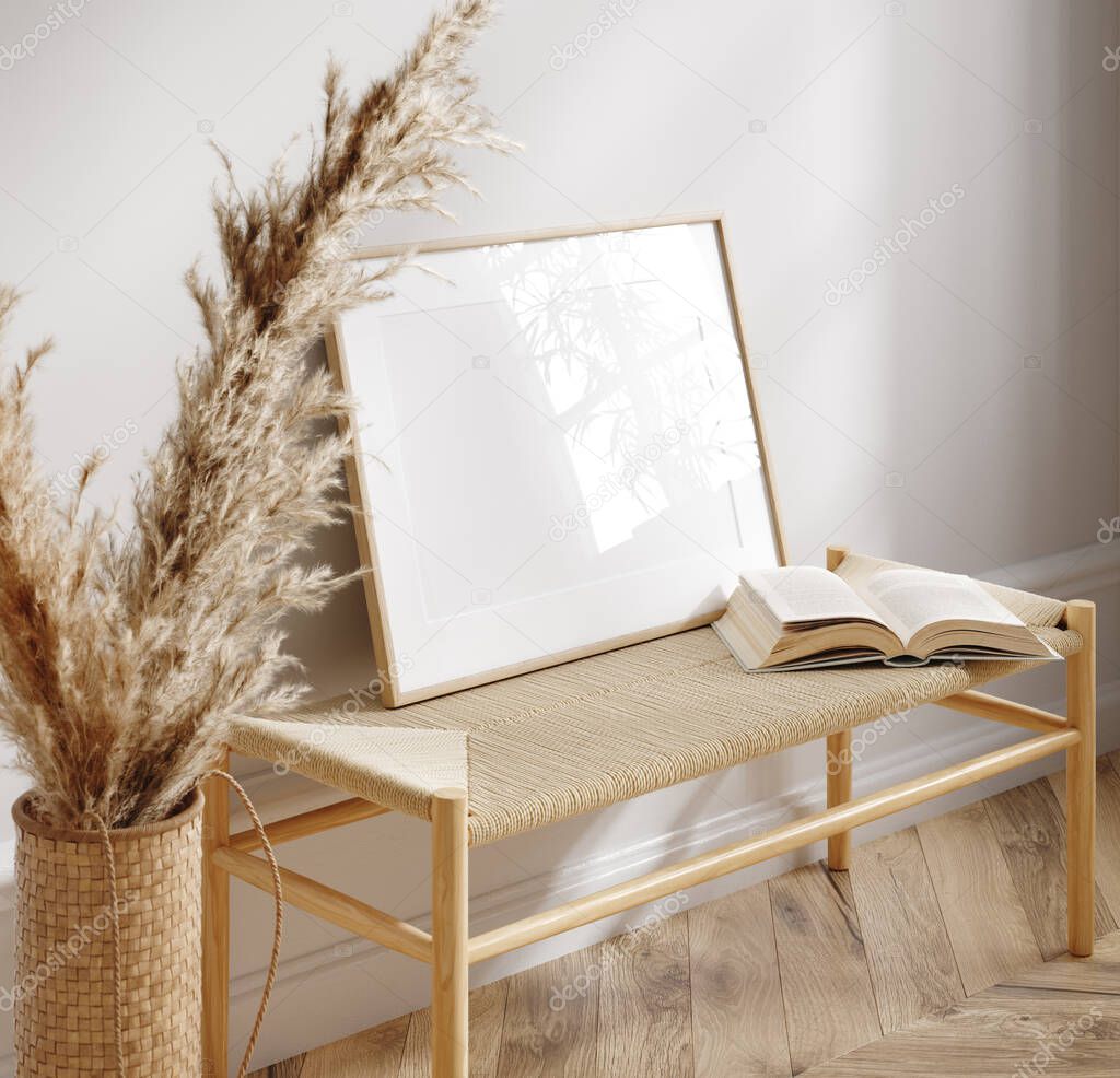 Mockup frame in simple minimal Scandi Boho style interior, 3d render