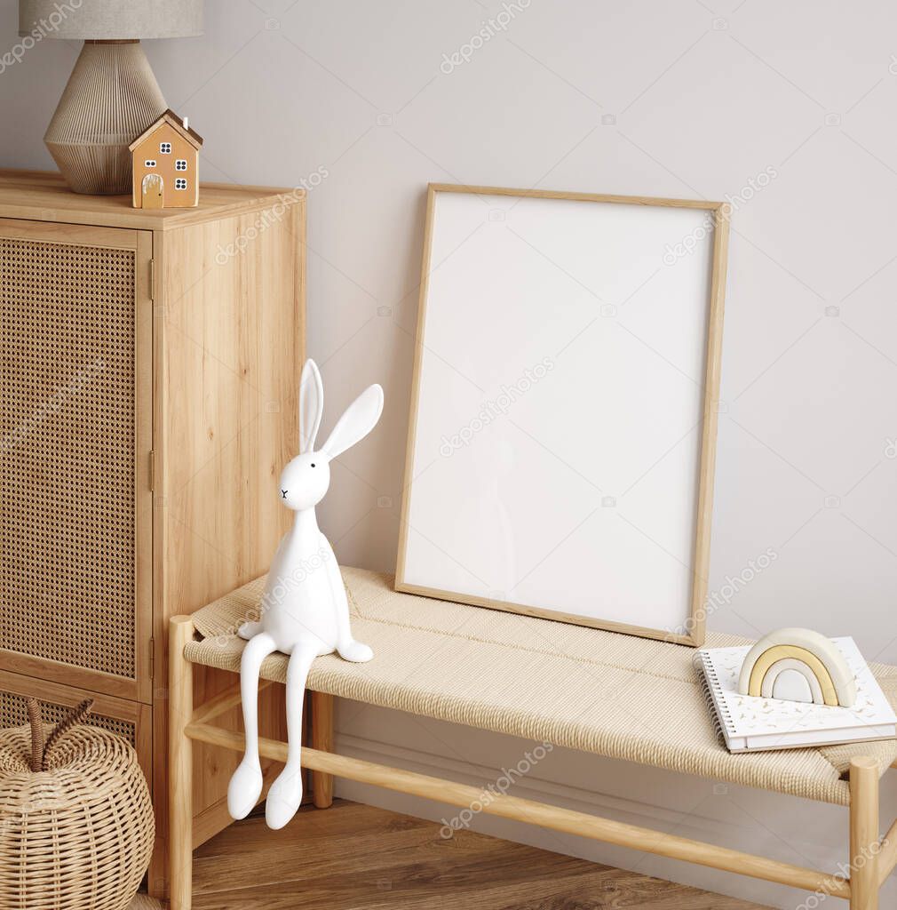 Mock up frame in children room with natural wooden furniture, Scandi Boho style interior background, 3D render