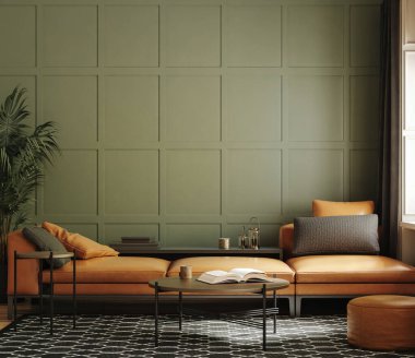 Home interior mock-up with sofa, table and decor in living room, 3d render