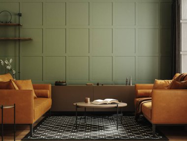 Home interior mock-up with sofa, table and decor in living room, 3d render