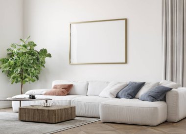 İskandinav çiftlik evinin içerisindeki oturma odasının maket çerçevesi, 3D