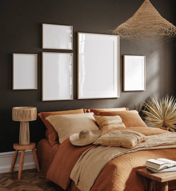 Poster frame mockup in dark bedroom interior background with rattan furniture, 3d render