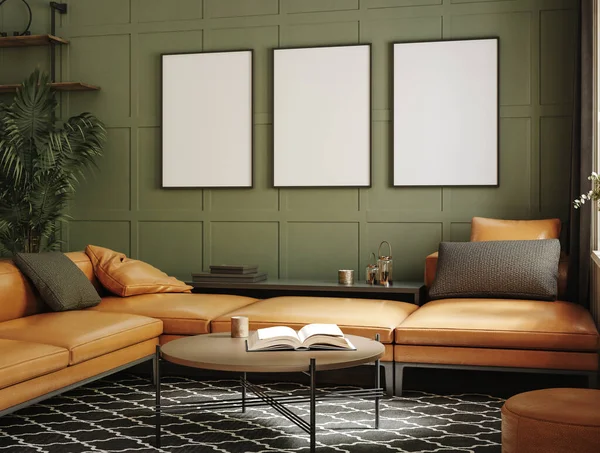 Poster Frame Mockup Home Interior Sofa Table Decor Living Room — Stok fotoğraf