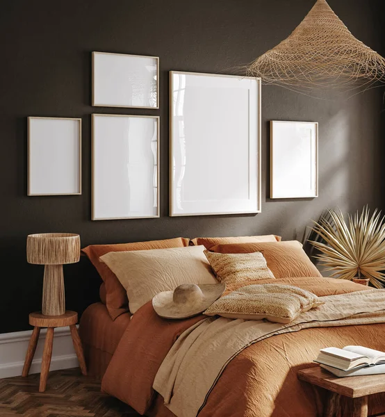 Poster Frame Mockup Dark Bedroom Interior Background Rattan Furniture Render — Φωτογραφία Αρχείου