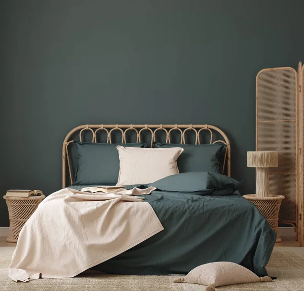 Home Mockup Dark Blue Bedroom Interior Background Rattan Furniture Render — ストック写真