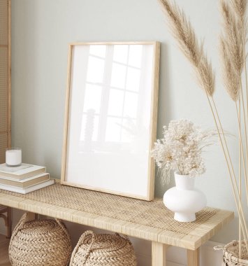 İç arkaplanda model çerçeve, açık renkli oda, Scandi-Boho biçimi, 3d canlandırma