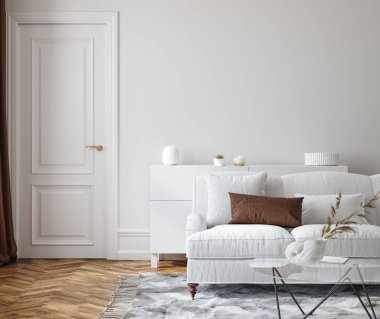 Modern living room interior background, wall mockup, 3d render