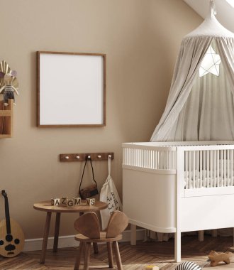 Mockup frame in cozy beige children room interior background, 3D render